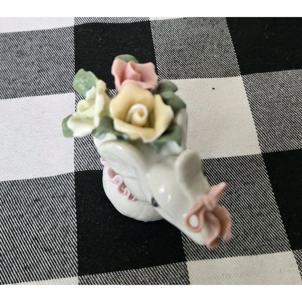 Dainty Miniature‎ White Elephant Carrying Flowers Pink Ribbon Ceramic Figurine